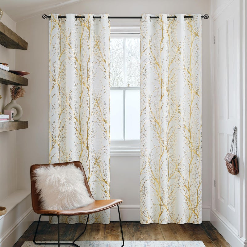 FMFUNCTEX ستائر شبه شفافة من FMFUNCTEX من الكتان، طباعة معدنية باللون الذهبي على لوحة شجرة بيضاء لغرفة النوم وغرفة المعيشة، تصفية الضوء 63 بوصة، 2 لوحة مع حلقات - Image 5